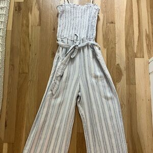 Abercrombie & Fitch White Light Blue Gray Striped Jumpsuit with Wide-Leg Small